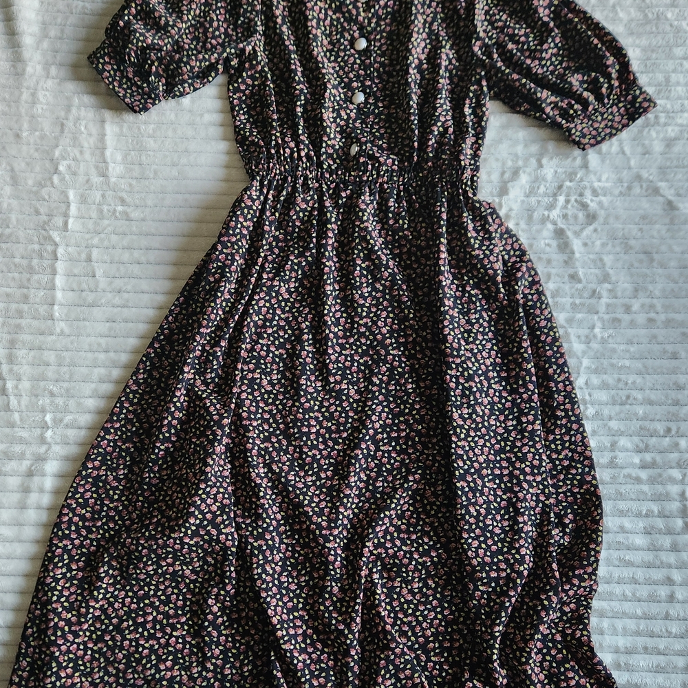 Chic Dark Academia Black Floral Midi Dress W/ Puff Sleeve Sz S